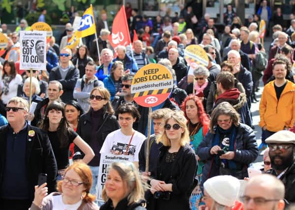 Trade unions protest march through Sheffield at plans to axe 250 jobs and move the work to London