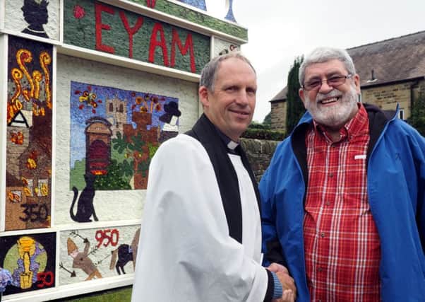 Eyam Wakes Week, well blessing and procession: Revd. Mike Gilbert and Mompesson descendant Chris Featherstone by the Townend Well