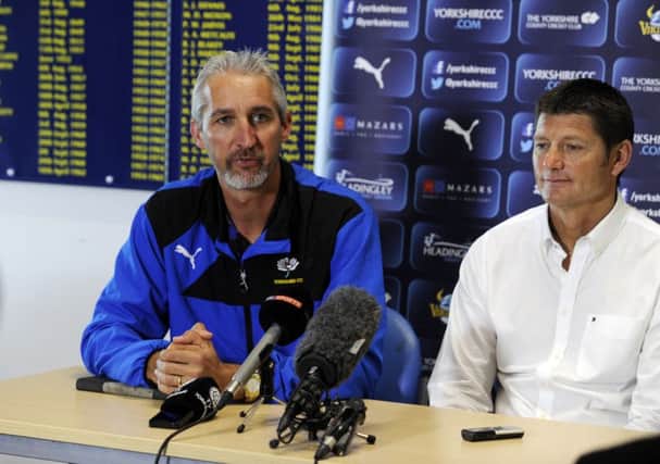 Fond farewell for Yorkshire head coach Jason Gillespie pictured with director of cricket  Martyn Moxon. Picture: Simon Hulme