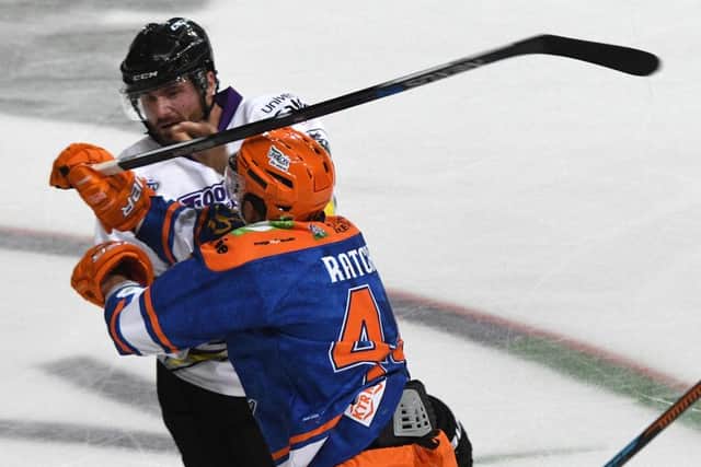 Sheffield Steelers Mike Ratchuk throws a punch at Manchester Storm's Patrik Valcak. Picture: Andrew Roe