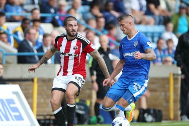 Sheffield United's Kieron Freeman in action during the League One match at the Priestfield Stadium, Gillingham