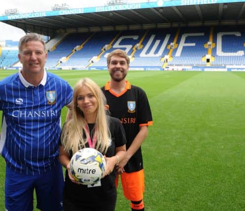 (l-r) Ex Sheffield Wednesday player John Pearson, Joasia Lesniak and Jack Kidder, of St Luke's Hospice at a charity football match at Hillsborough for St Luke's Hospice. Picture: Andrew Roe