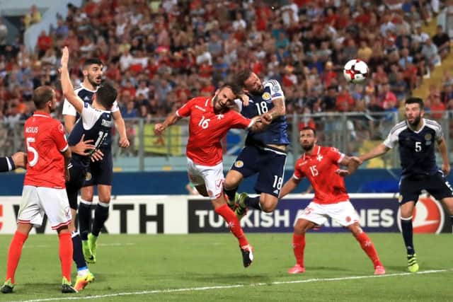 Scotland's Steven Fletcher scores his side's fourth goal of the game during the 2018 FIFA World Cup Qualifying match at the Ta'Qali National Stadium, Malta. Picture: PA