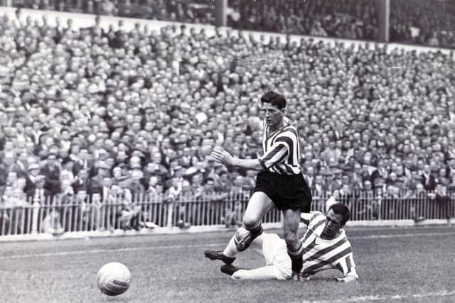 Alf Ringstead, pictured here in action for Blades v Huddersfield in 1958, scored a brace in the famous victory.
