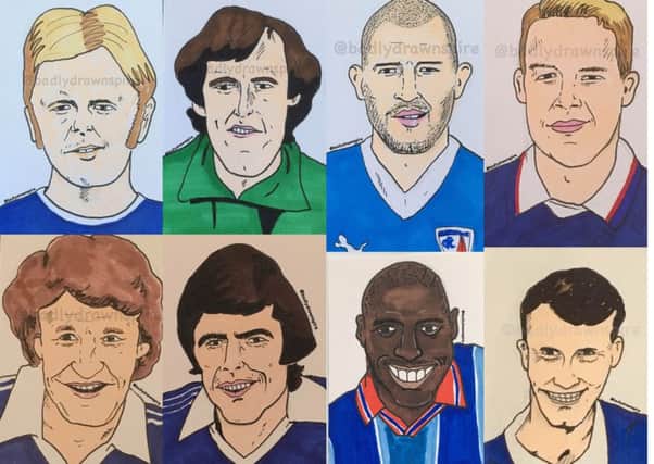 Badly drawn Spires - top from left: David Pugh, Phil Tingay, Marc Richards, Kevin Davies. Bottom from left: Danny Wilson, Ernie Moss, Andy Morris, Jamie Hewitt