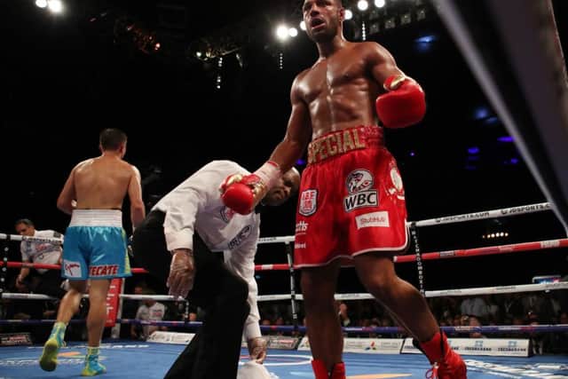 Kell Brook reacts after being pulled out by trainer Dominic Ingle against Gennady Golovkin at The O2 Arena. Picture: Nick Potts/PA Wire.