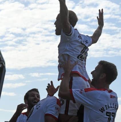 James Coppinger celebrates his goal on his 500th appearence for the club. Photos: Andrew Roe