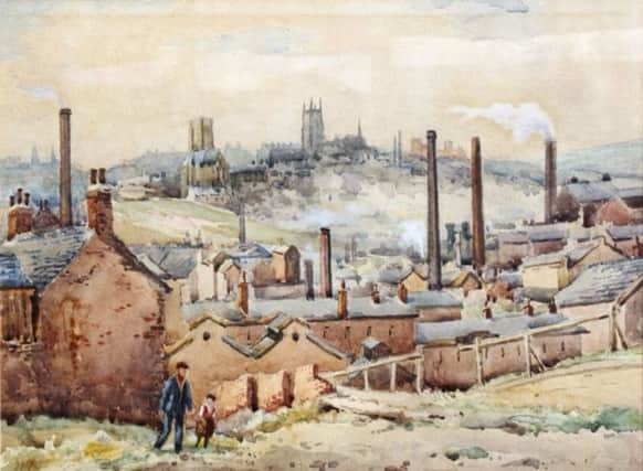 My painting by George Bedford seems to be about 1920s. The Crofts slums are around St Vincents tower. Smoke and steam rise from the River Don valley below. The view from Rock Street (lower Pitsmoor) shows factories and dense housing around Mowbray St and Kelham Island. The railway to Woodhead and Manchester runs in a cutting below the fence in the foreground. On a different walk about stainless steel, we found this was Harry Brearleys childhood playground. Sue Evans