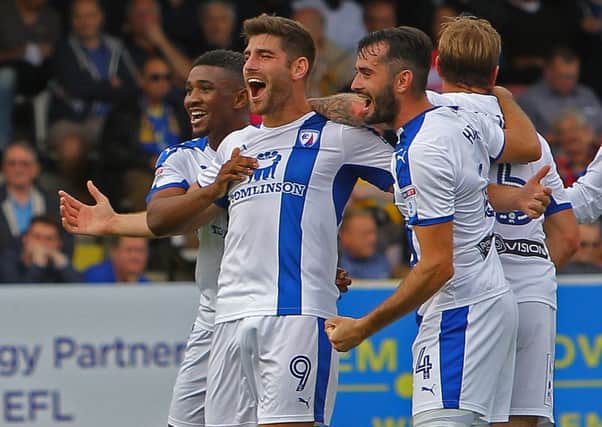 Picture by Gareth Williams/AHPIX.com. Football, Sky Bet League One; 
AFC Wimbledon v Chesterfield; 03/09/2016 KO 3.00pm;  
The Cherry Red Records Stadium;
copyright picture;Howard Roe/AHPIX.com
Ched Evans leads the celebrations after Chesterfield take the lead