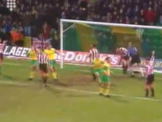 The crazy goalmouth scramble between Sheffield United and Norwich in the 1996-97 season.