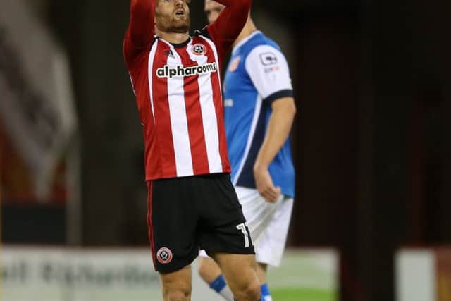 Matt Done of Sheffield Utd reacts to a missed opportunity during the Checkatrade Trophy match at Bramall Lane Stadium, Sheffield. Picture date: October 4th, 2016. Pic Simon Bellis/Sportimage