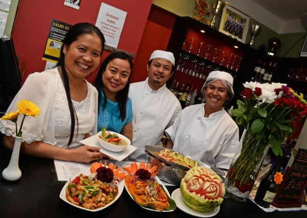 Thai Thai Ka owner Keng Wragg (left) pictured with her brother Wattana Premjit, Head Chef, his wife Usa Ngoenpirek (2nd left) and Duangduean Banfield, second Chef. Picture: Marie Caley NSTE Thai Thai Ka MC 6