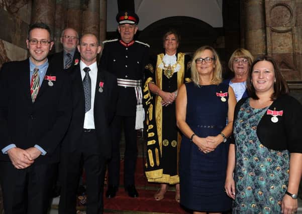 The recipients of the British Empire Medal, presented by the Lord Mayor and Lord Lieutenant of South Yorkshire. Picture: Andrew Roe