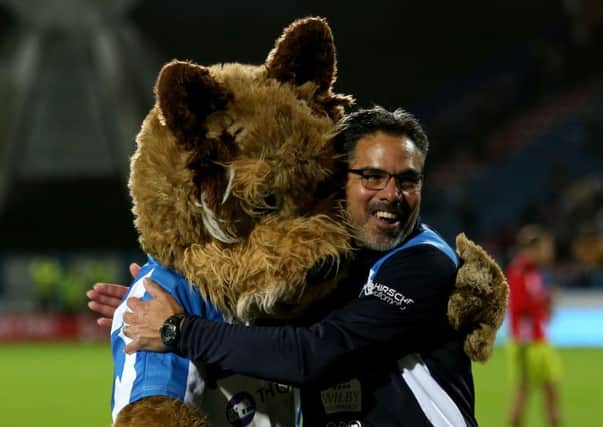Huddersfield Town manager David Wagner celebrates with club mascot Terry Terrier