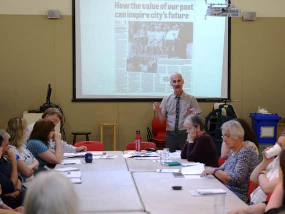 Jon Bradley speaks at a Joined Up Heritage meeting in Sheffield.