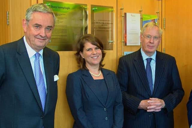L to r:- Lord-lieutenant of South Yorkshire Andrew Coombe, director of Sally Lampulgh Trust Rachel Griffin, HRH Duke of Gloucester and Craig Swallow, managing director of SoloProtect.