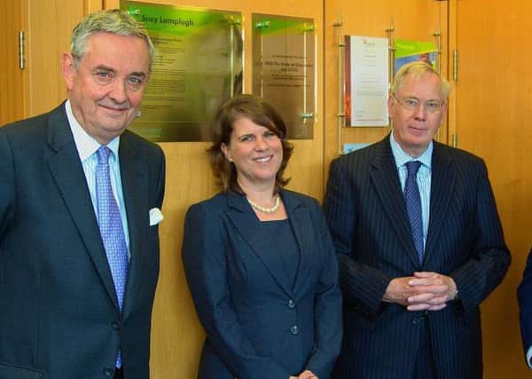 L to r:- Lord-lieutenant of South Yorkshire Andrew Coombe, director of Sally Lampulgh Trust Rachel Griffin, HRH Duke of Gloucester and Craig Swallow, managing director of SoloProtect.