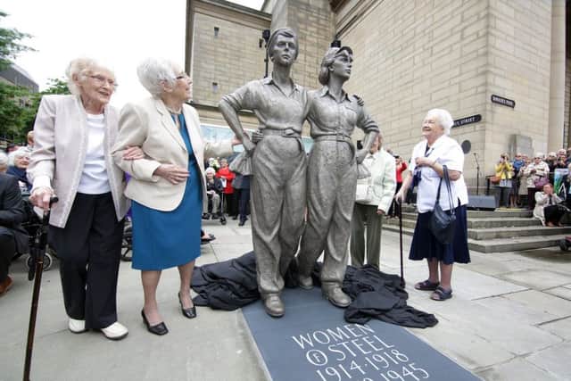 Sheffields tribute to the Women of Steel is unveiled outside the City Hall, Sheffield, United Kingdom,  17 June 2016. Photo by Glenn Ashley.