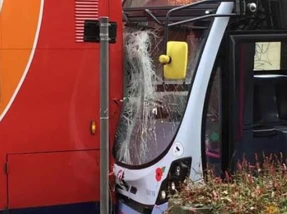 Two buses crashed today in Sheffield city centre.
 Picture: @GTP_Transport