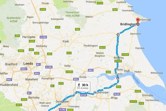A possible route from Sheffield Cathedral to Bridlington. David said he's been promised an extra 100 if he walks across the Humber bridge