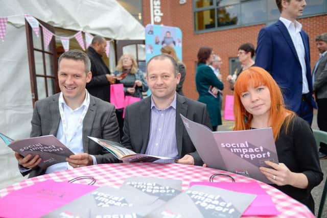 Key Fund CEO Matt Smith, left, Andy Simpson of Doncaster Refurnish centre and Nic Greenan of East Street Arts. Photo:Antony Oxley