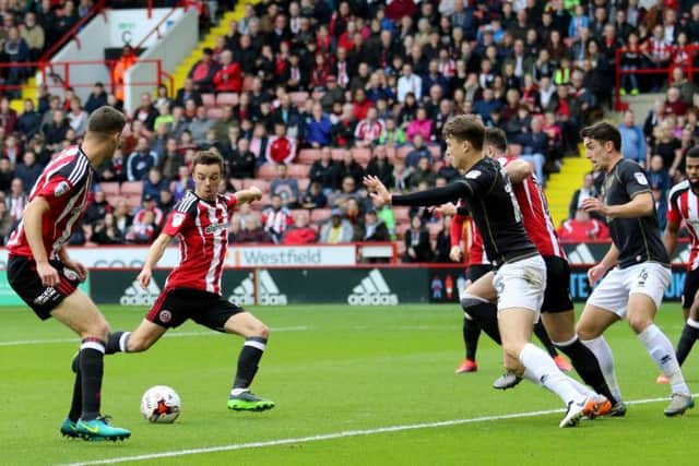 Stefan Scougall of Sheffield United scoring his teams first goal