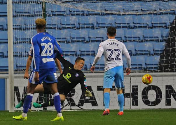 Picture by Gareth Williams/AHPIX.com. Football, Sky Bet League One; 
Coventry City v Chesterfield; 01/11/2016 KO 7.45pm;  
Ricoh Arena;
copyright picture;Howard Roe/AHPIX.com
Spirites keeper Ryan Fulton is beaten after the ball broke to Coventry's Jordan Willis