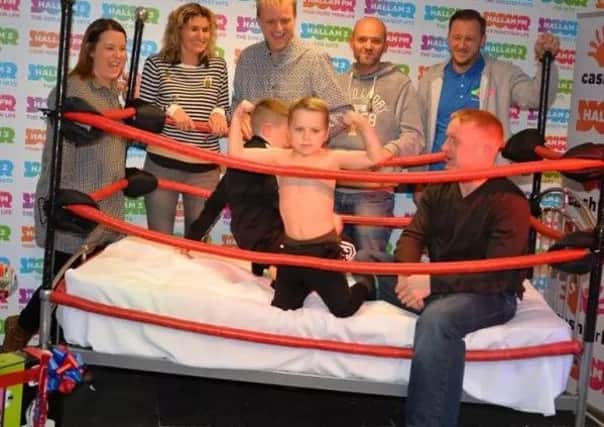 Big John at Breakfast. Liam and his family with surprise wrestling ring bed.