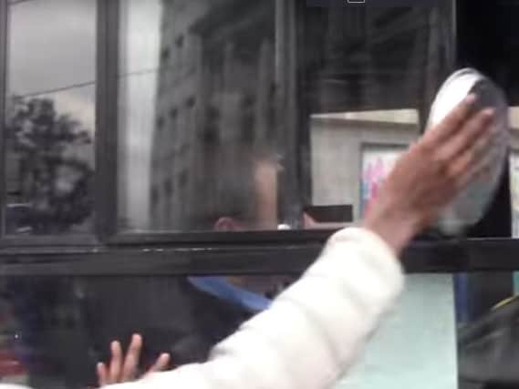 A tram driver is attacked with a pie in Sheffield. (Photo: YouTube).