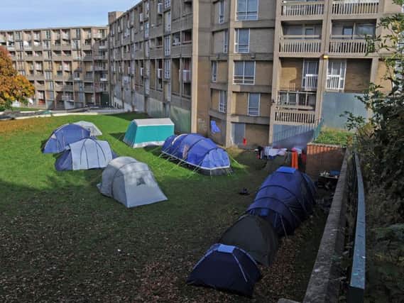 Tent City on the site of the undeveloped section of Park Hill flats
