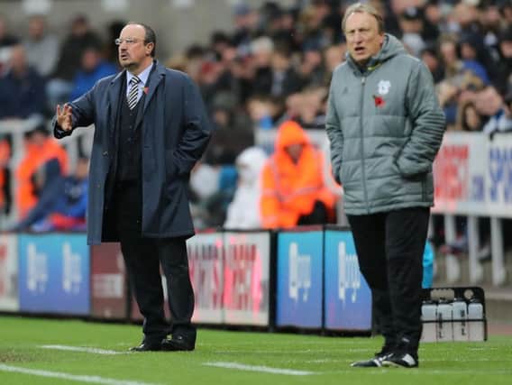 Newcastle United manager Rafa Benitez (left) and Cardiff City manager Neil Warnock on the touchline during the Sky Bet Championship match at St James' Park, Newcastle. PRESS ASSOCIATION Photo.