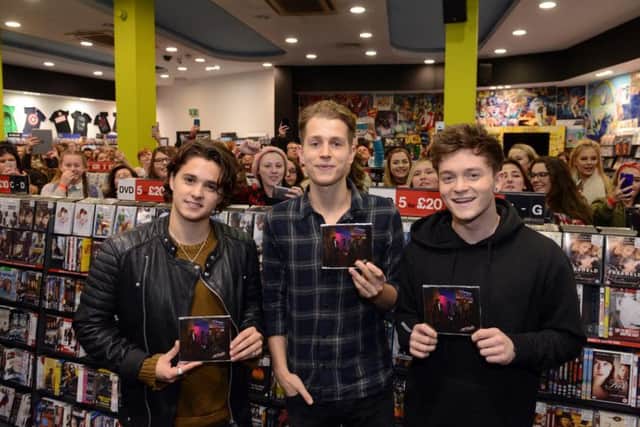 The Vamps boy band in hmv Sheffield. From left- Brad Simpson, James McVey and Connor Ball