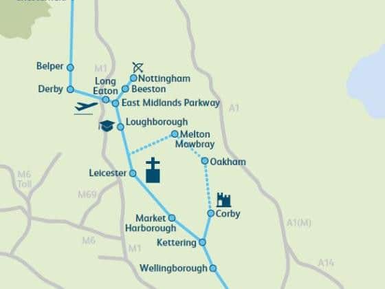 The Midland Mainline runs from Sheffield through the East Midlands before stopping at London St Pancras. Graphic: Network Rail