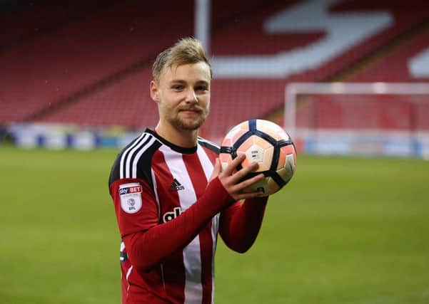 Harry Chapman of Sheffield Utd with the match ball after scoring a hat trick against Leyton Orient. Pic Simon Bellis/Sportimage
