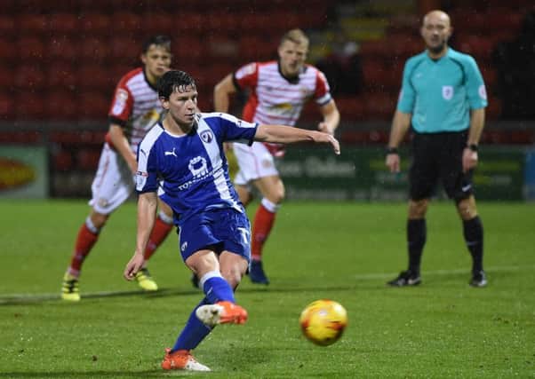 Picture by Howard Roe/AHPIX.com;Football;EFL Trophy;Checkatrade;
Crewe v Chesterfield
08/11/2016 KO 7.45.00pm;Gresty Road ;
copyright picture;Howard Roe;07973 739229

Chesterfield's  Conor Dimato scores with his penalty strike