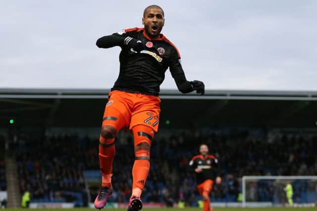 Leon Clarke of Sheffield Utd celebrates scoring the fourth goal during the English League One match at the Proact Stadium, Chesterfield. Picture date: November 13th, 2016. Pic Simon Bellis/Sportimage