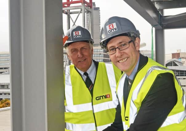 Property Developer Kevin McCabe and Councillor Leigh Bramall, Sheffield City Council Deputy Leader, pictured during the Topping Out ceremony at Acero, the third phase of the Sheffield Digital Campus. Picture: Marie Caley NSST McCabe MC 4