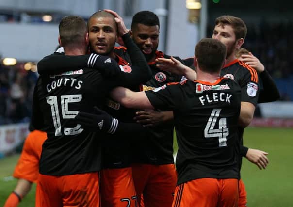 Leon Clarke of Sheffield United celebrates his goal at the Proact Stadium, Chesterfield. . Pic Simon Bellis/Sportimage