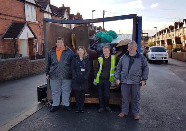 At the Scarsdale Street clean up are councillor Daniel Boughton, Bev Tuncel Dale, housing officer, Josh O'Conner, of Willmott Dixon, and
Steve Lavin, of the council's area assembly team.