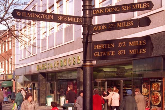 Pictured in the Doncaster Town Centre, where the sign post shows distances from Doncaster to the Towns it is twinned with - 14th February 1997