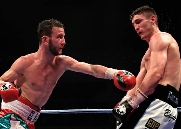 Tommy Langford (right) and Sam Sheedy during the Vacant British Middleweight Championship bout at the Cardiff Motorpoint Arena.
