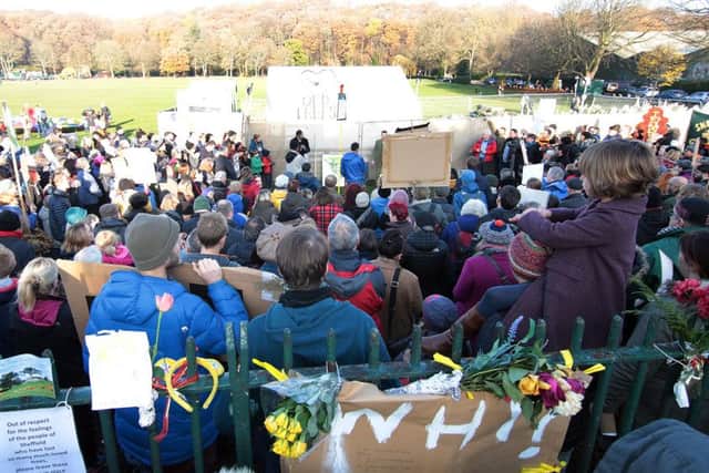 Residents gather en mass to protest at the felling of the trees on Rustlings Road, Sheffield, United Kingdom, 26th November 2016. Photo by Glenn Ashley.