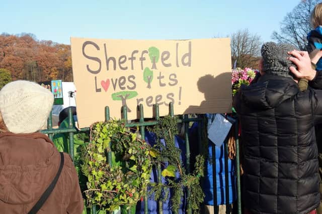 Residents gather to protest at the felling of the trees on Rustlings Road, Sheffield, United Kingdom, 26th November 2016. Photo by Glenn Ashley.