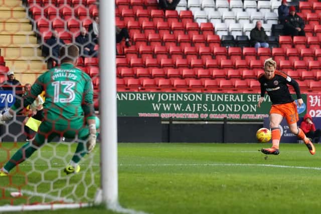 Sheffield United's Mark Duffy scoring his side's opening goal. Pic David Klein/Sportimage