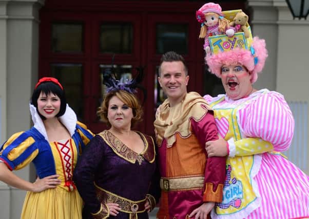 Wendi Peters (Wicked Queen) ,Damian Williams (Nurse Nellie), Phil Galllagher (Muddles)  and Joanna Sawyer (Snow White) at the launch of Sheffield Theatres pantomime, Snow White and the Seven Dwarfs outside the Lyceum Theatre. Picture Scott Merrylees