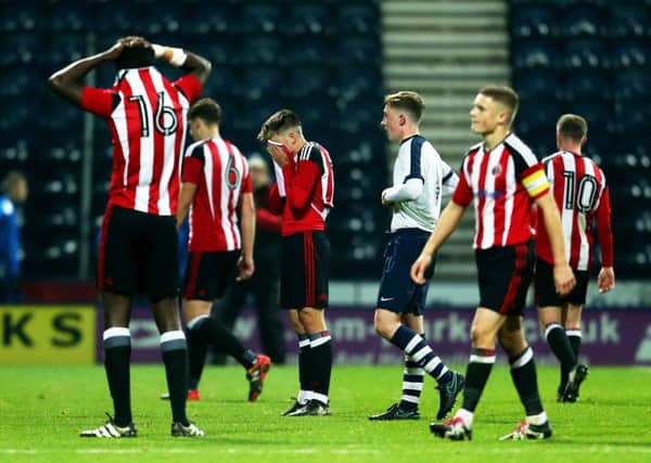 Sheffield United players look dejected at full time of the FA Youth Cup 3rd Round match at Deepdale Stadium, Preston. Pic Matt McNulty/Sportimage