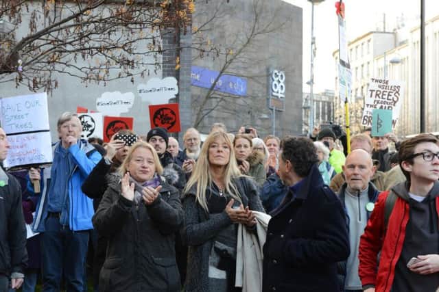 Former Green Party leader Natalie Bennett alongside tree protesters outside court. Picture Marisa Cashill/The Star