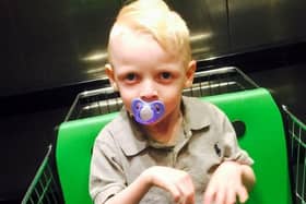 Rio Vicary, six, who suffers from Angelman syndrome, in one of the disabled trollies that was stolen from the Drakehouse Asda in Sheffield.