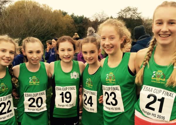 Notre Dame's English Schools Cross Country Junior Cup winners - left to right: Annie Naylor, Isabel Causer, Emma Braithwaite, Polly Platts, Maggie Naylor, Zena Hartley