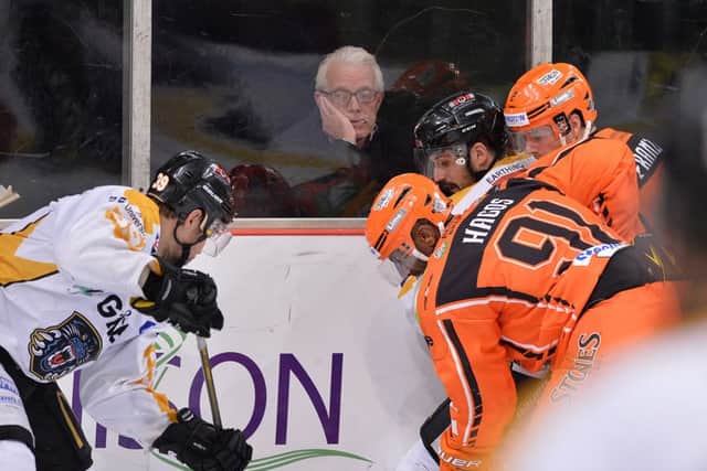 Nottingham Panthers GM Gary Moran keeps an apparently weary eye on his team in their loss at Sheffield Steelers last Sunday. Pic by Dean Woolley